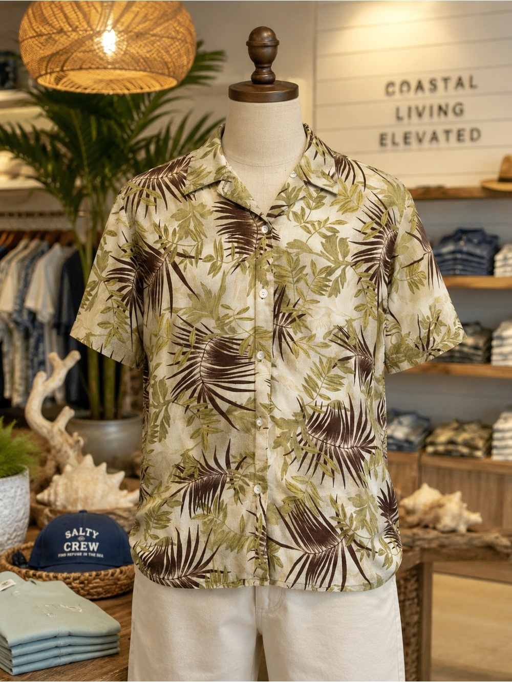 Lemon Grass Men’s Linen Blend Hawaiian Camp Shirt Tropical Palm Print Large